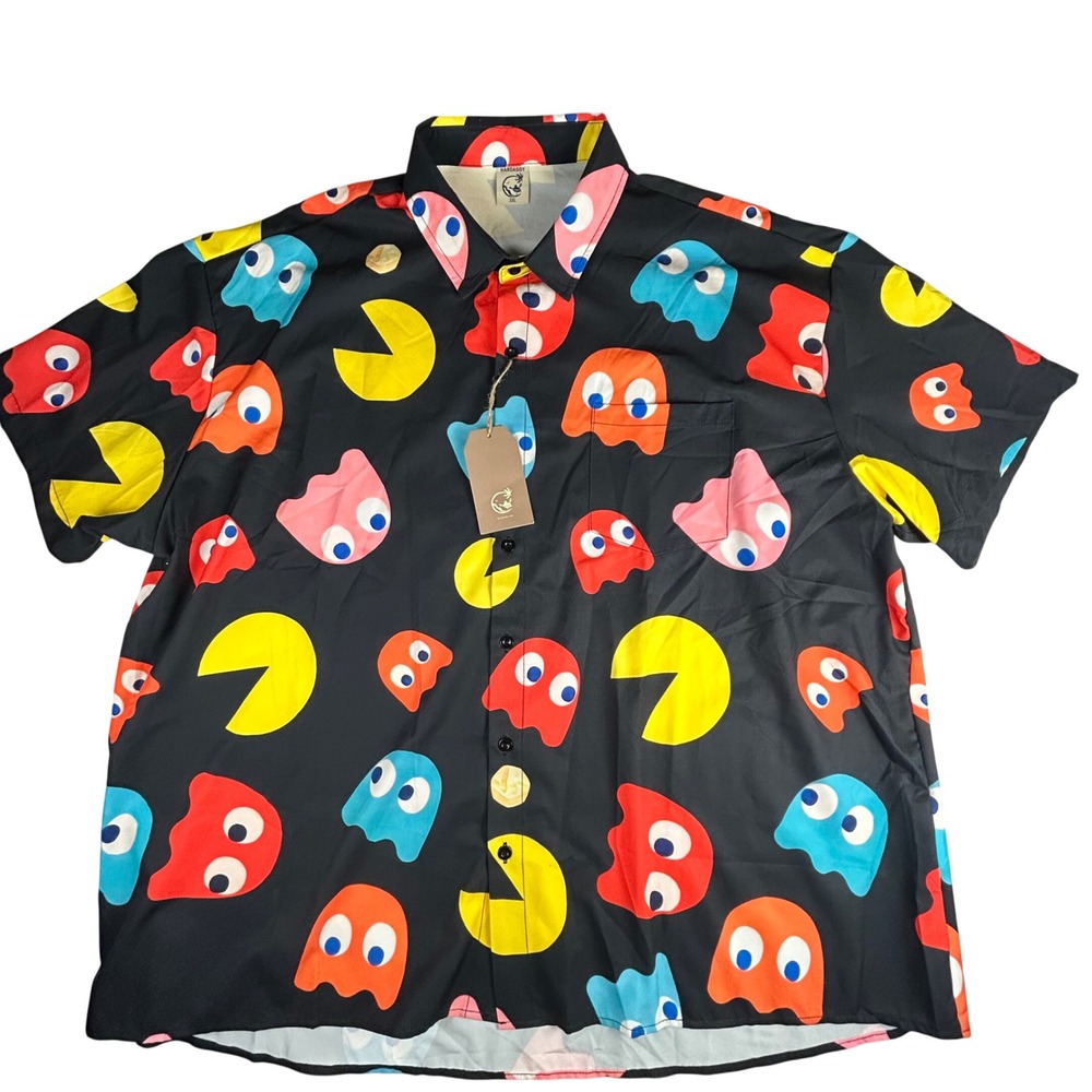 Hardaddy Mens 3XL Pac-Man Ghost Gamer‎ Print Short Sleeve Button Down Shirt NEW